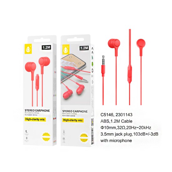 AURICULARES ONEPLUS C5146 RJ COM MICRÓFONO 1,2M VERMELHO